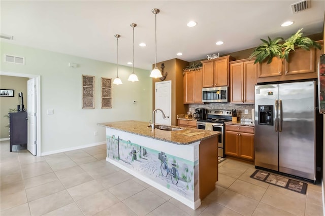 kitchen with visible vents, appliances with stainless steel finishes, backsplash, and a sink