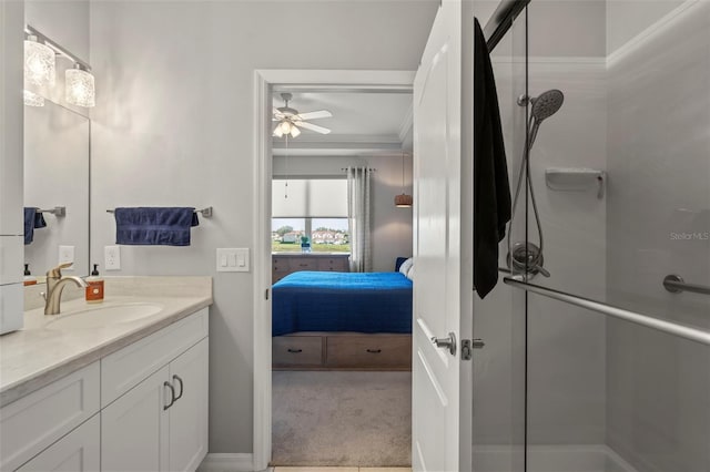 1050 Jonah Dr, North Port, FL 34289 - full bathroom with ensuite bath, a shower stall, a ceiling fan, and vanity