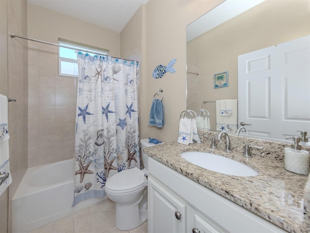 full bathroom featuring shower / bathtub combination with curtain, vanity, toilet, and tile patterned floors