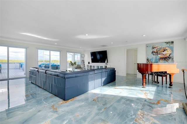 living area featuring marble finish floor, plenty of natural light, and crown molding