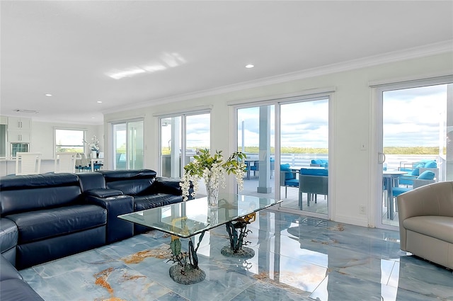 living area with recessed lighting, marble finish floor, crown molding, and baseboards