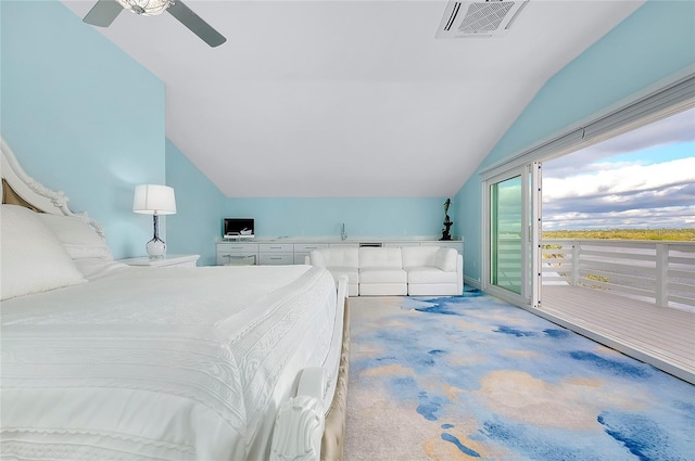 bedroom with lofted ceiling, ceiling fan, visible vents, access to exterior, and carpet