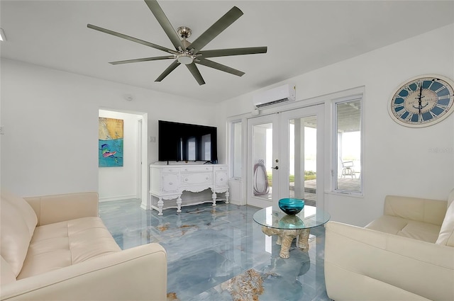 living room featuring baseboards, a ceiling fan, a wall mounted air conditioner, marble finish floor, and french doors