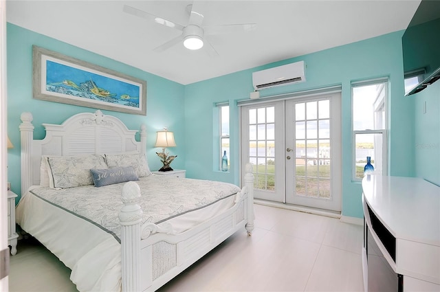 bedroom with french doors, a wall mounted AC, ceiling fan, access to outside, and baseboards