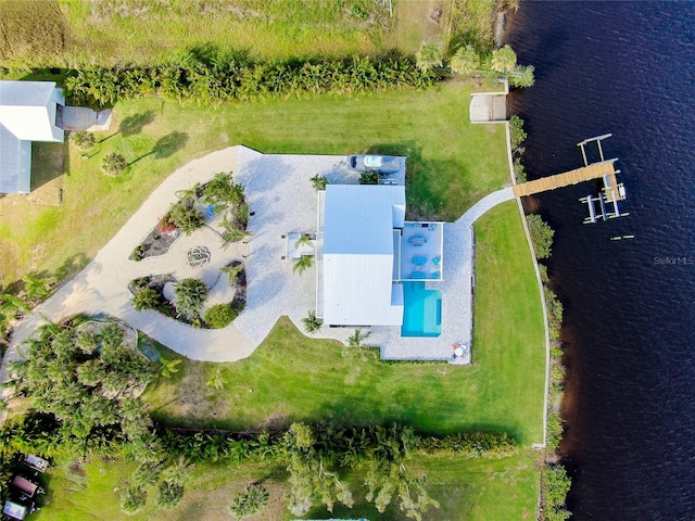 drone / aerial view featuring a water view