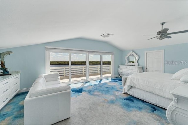 bedroom with carpet, visible vents, a ceiling fan, vaulted ceiling, and access to outside