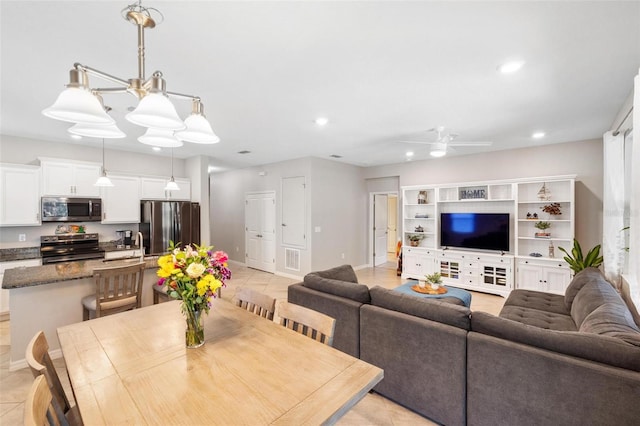 dining room with recessed lighting, visible vents, a ceiling fan, light tile patterned flooring, and baseboards