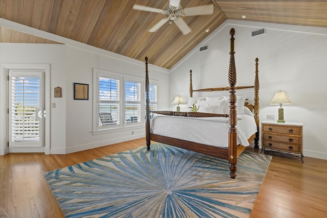 bedroom featuring vaulted ceiling, wood ceiling, wood finished floors, and visible vents