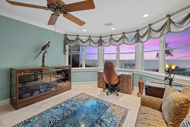 office with tile patterned flooring, crown molding, and baseboards