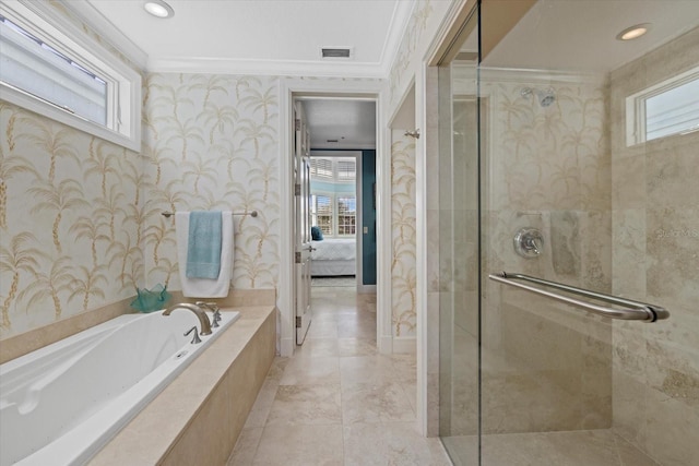 bathroom featuring wallpapered walls, visible vents, connected bathroom, and a stall shower