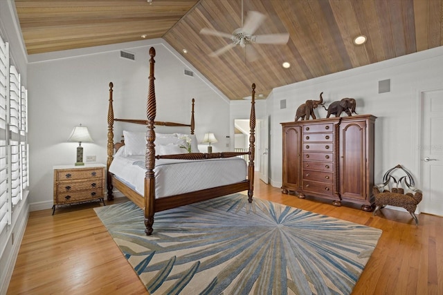 bedroom featuring lofted ceiling, light wood finished floors, and wood ceiling