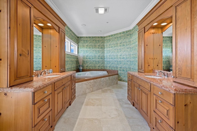 full bath with two vanities, a sink, and wallpapered walls