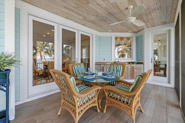 sunroom with wood ceiling, plenty of natural light, and ceiling fan