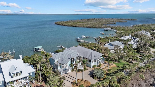 aerial view featuring a water view