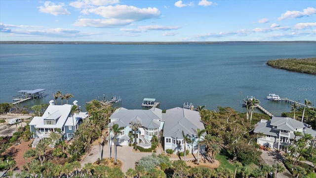 birds eye view of property with a residential view and a water view