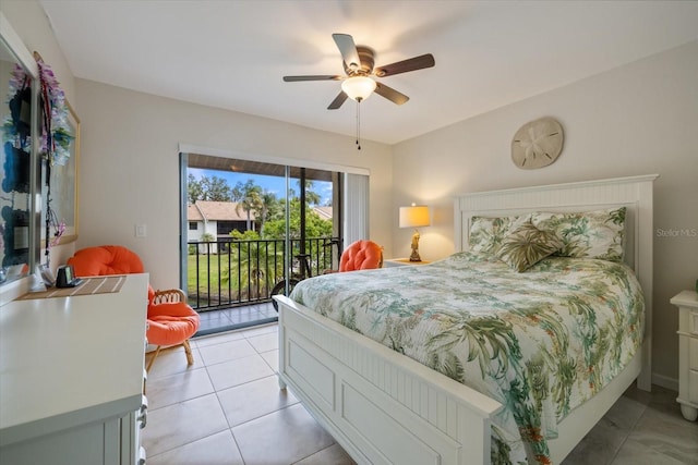 bedroom with ceiling fan, access to outside, and light tile patterned flooring