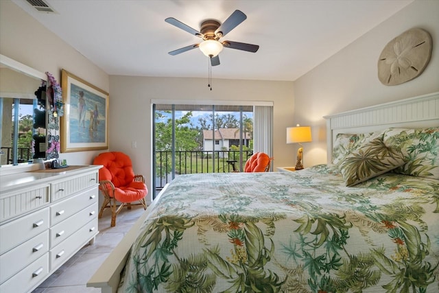 bedroom with light tile patterned floors, ceiling fan, visible vents, and access to exterior