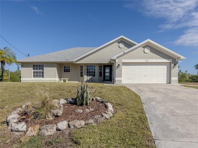 ranch-style home featuring an attached garage, concrete driveway, roof with shingles, stucco siding, and a front lawn