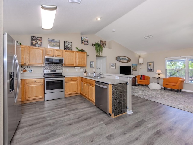 kitchen featuring appliances with stainless steel finishes, open floor plan, a peninsula, light countertops, and a sink