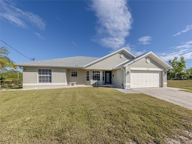 single story home featuring a garage, stucco siding, concrete driveway, and a front yard