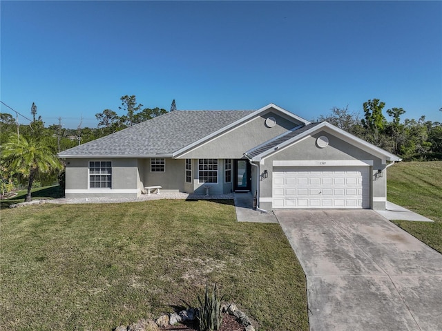 ranch-style home with an attached garage, a front yard, concrete driveway, and stucco siding