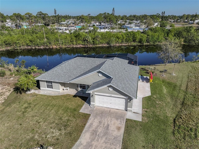 birds eye view of property featuring a water view