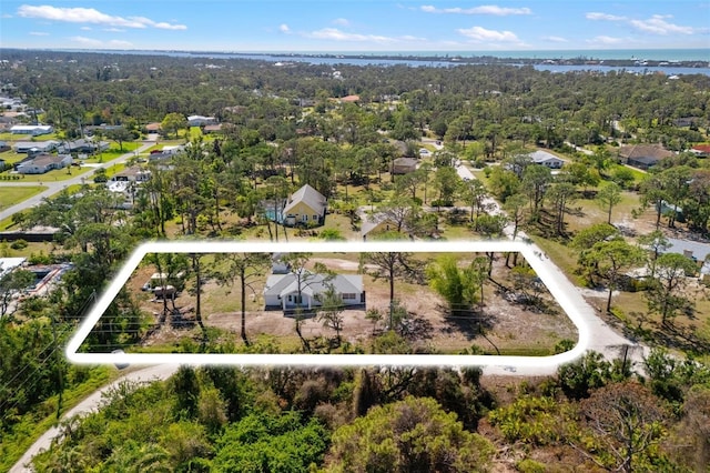 bird's eye view with a water view and a forest view