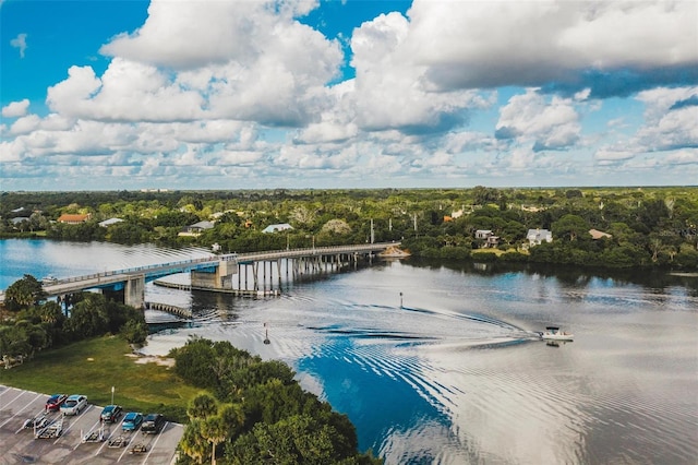 bird's eye view with a water view