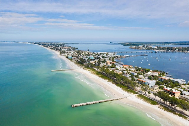 aerial view featuring a beach view and a water view