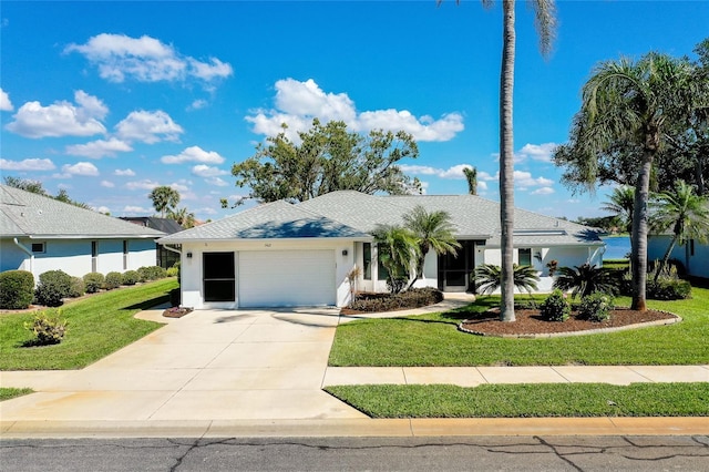 ranch-style home with an attached garage, driveway, a front lawn, and roof with shingles