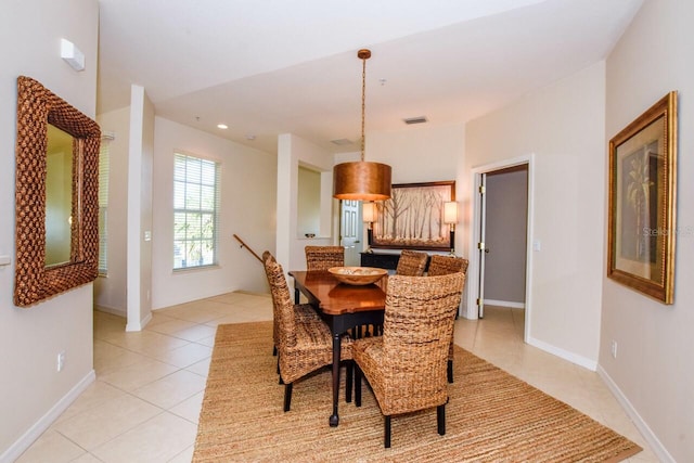 dining room featuring recessed lighting, visible vents, baseboards, and light tile patterned floors