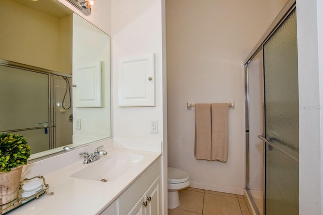 full bathroom with toilet, a shower with door, and tile patterned floors