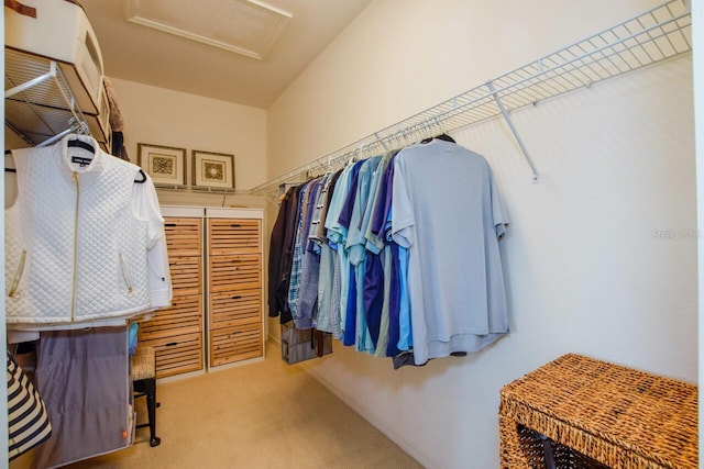 spacious closet with carpet floors, attic access, and a wall unit AC