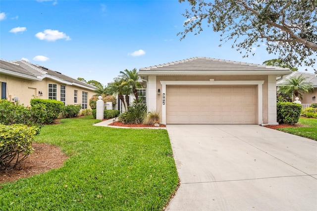 view of front of property with stucco siding, concrete driveway, a garage, a tiled roof, and a front lawn