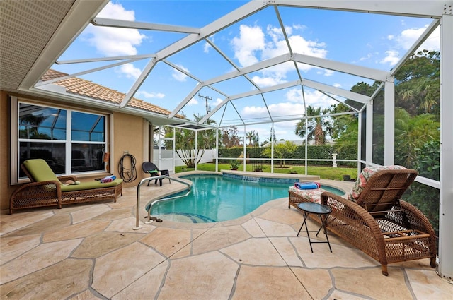 view of swimming pool featuring a fenced in pool and a patio