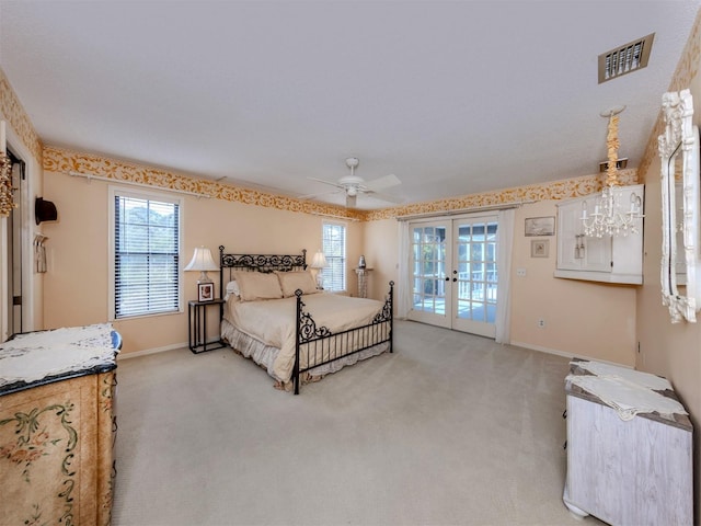 bedroom with visible vents, carpet floors, baseboards, access to exterior, and french doors