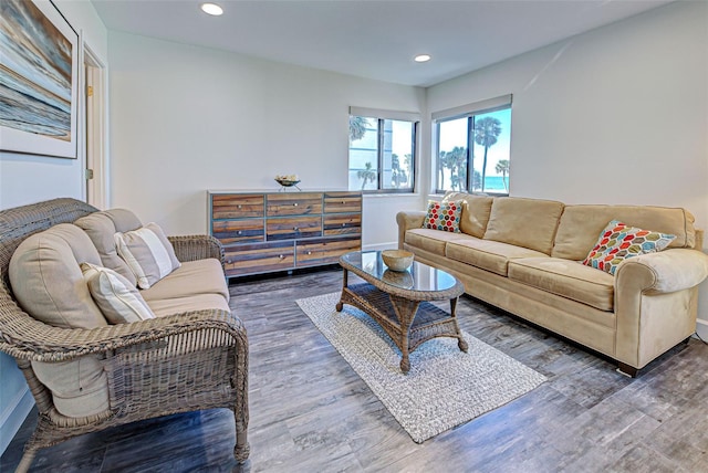 living room with recessed lighting and wood finished floors