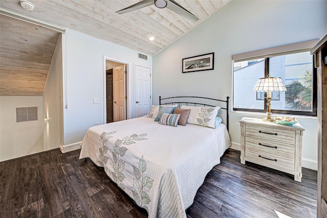 bedroom featuring vaulted ceiling, dark wood-type flooring, wooden ceiling, and visible vents