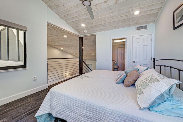 bedroom with lofted ceiling, wooden ceiling, wood finished floors, visible vents, and baseboards