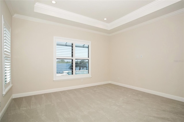 unfurnished room with light carpet, a tray ceiling, crown molding, and baseboards