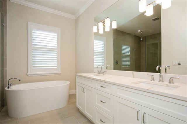 bathroom featuring a stall shower, a sink, visible vents, and crown molding