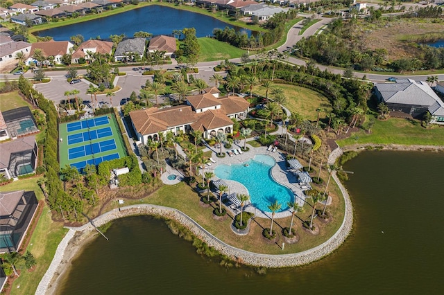 aerial view with a residential view and a water view