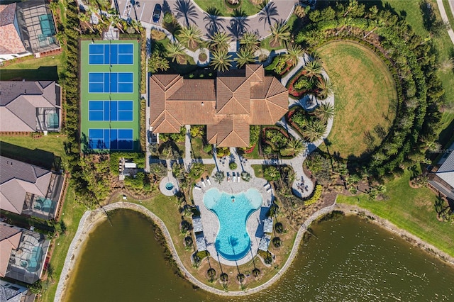 drone / aerial view with a water view