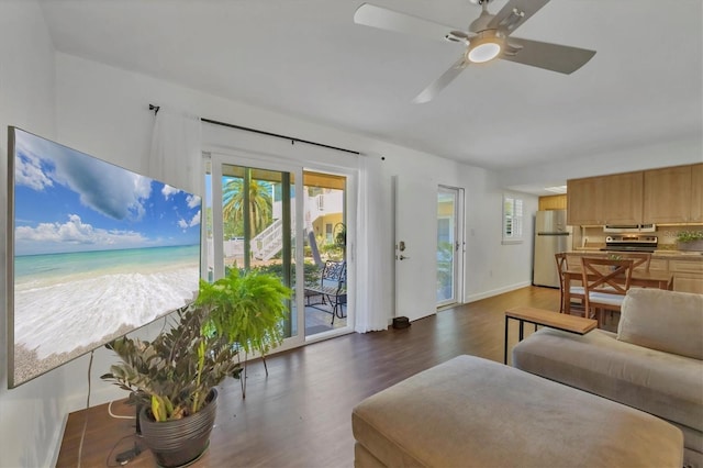 living room with wood finished floors, a ceiling fan, and baseboards