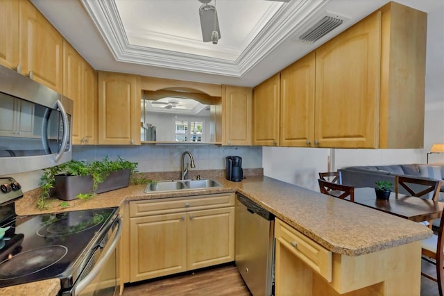 kitchen featuring stainless steel appliances, a sink, visible vents, light brown cabinetry, and a raised ceiling