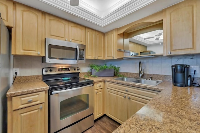 kitchen with a sink, stainless steel appliances, and light brown cabinets