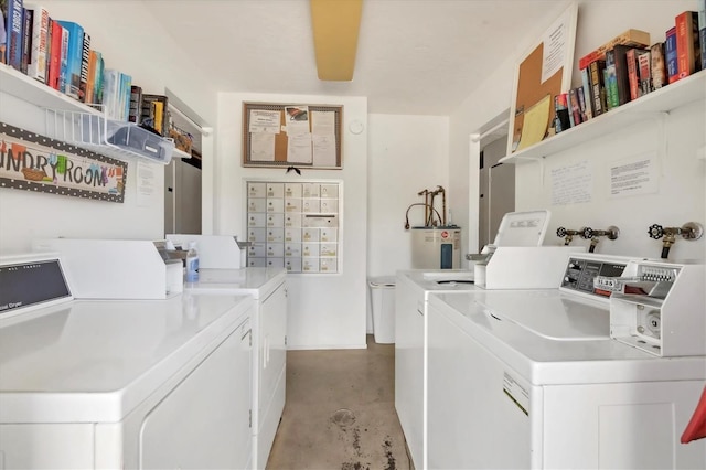 shared laundry area with mail area, separate washer and dryer, and electric water heater