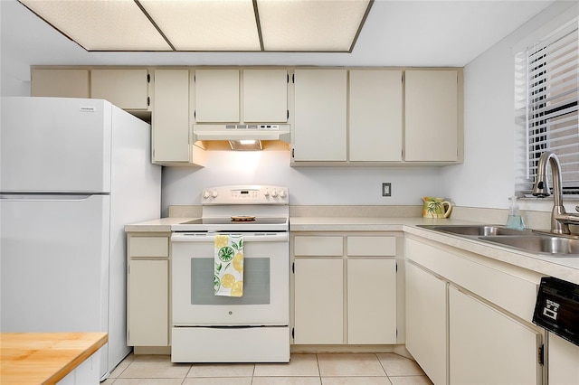 kitchen with light countertops, cream cabinets, a sink, white appliances, and under cabinet range hood