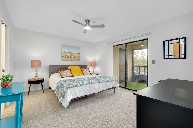 bedroom featuring access to exterior, carpet floors, baseboards, and a ceiling fan