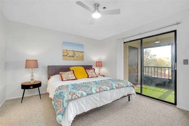 bedroom with carpet floors, access to exterior, ceiling fan, and baseboards